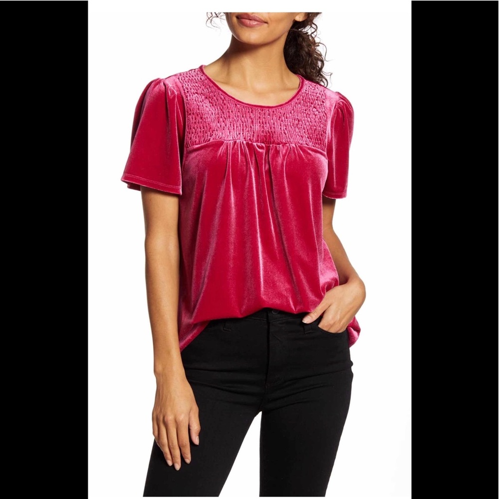 Gibson pink smocked velvet tee